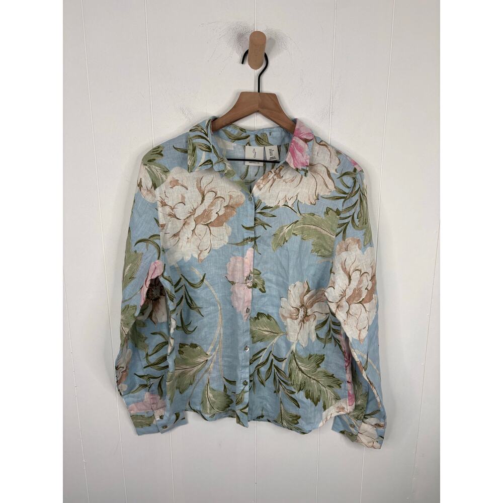Joie 100% Linen Tropical Leaf Floral Button Up Top Large Light Blue Vacation - Picture 2 of 8
